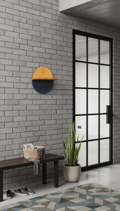 Modern Wall Key Holder with Shelf – Minimalist Wooden Entryway Organizer with Hooks | Handmade Home Décor