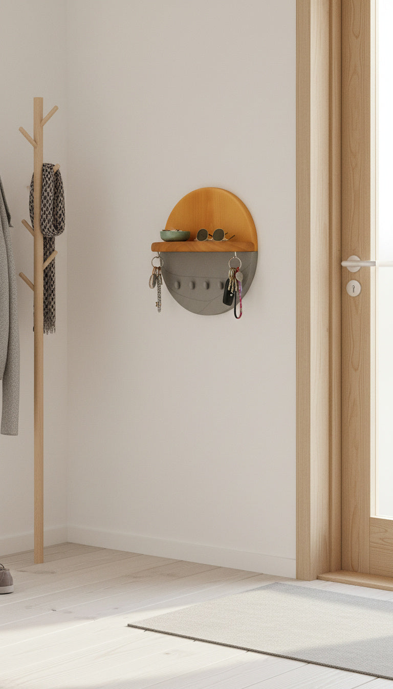 Modern Wall Key Holder with Shelf – Minimalist Wooden Entryway Organizer with Hooks | Handmade Home Décor