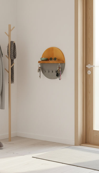 Modern Wall Key Holder with Shelf – Minimalist Wooden Entryway Organizer with Hooks | Handmade Home Décor