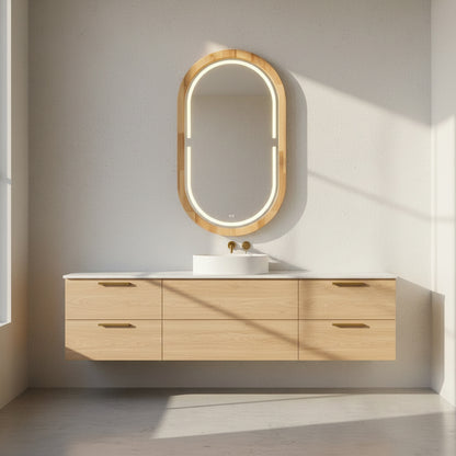 Handmade Beech Wood Framed LED Capsule Mirror Dimmable Lighted Wall Mirror