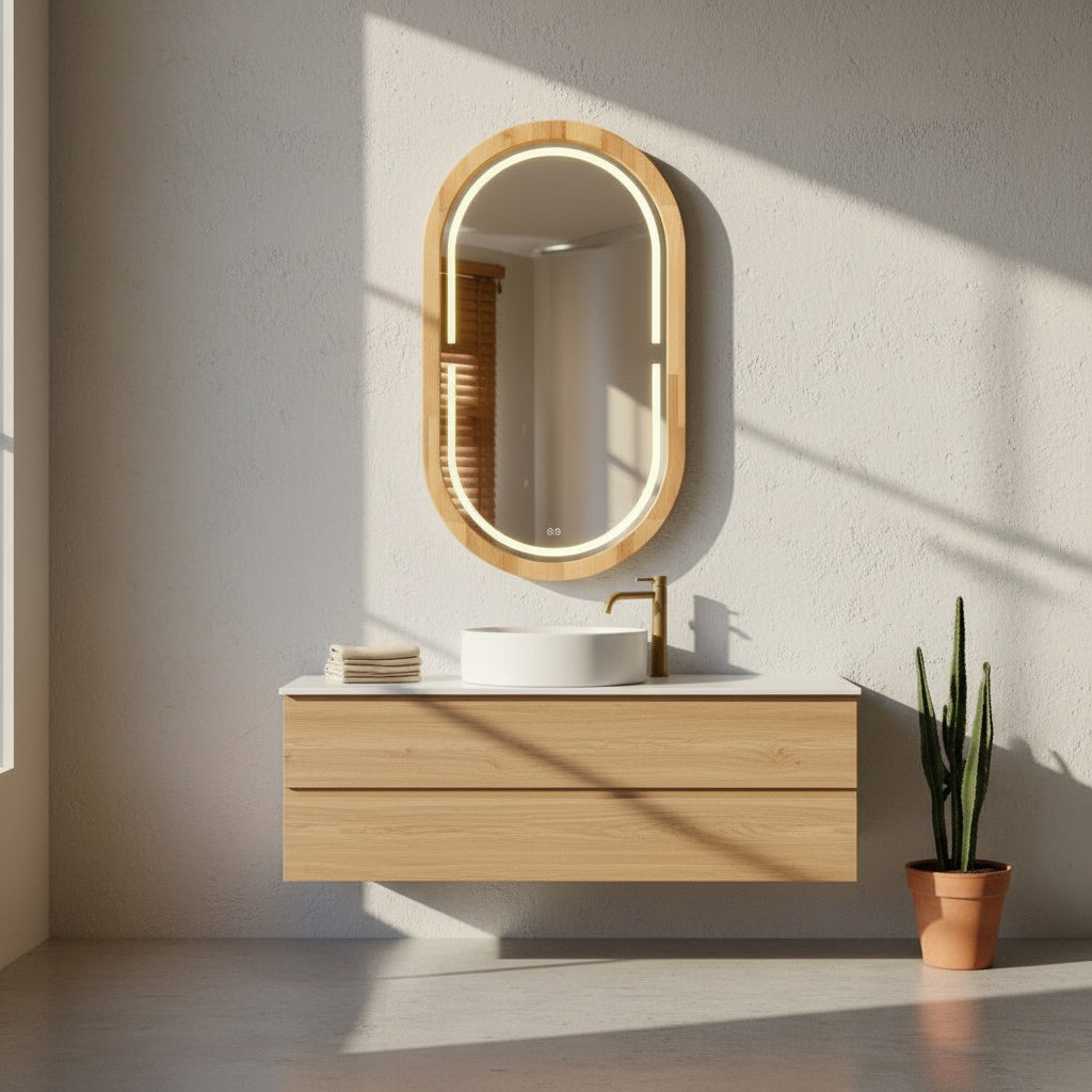 Handmade Beech Wood Framed LED Capsule Mirror Dimmable Lighted Wall Mirror