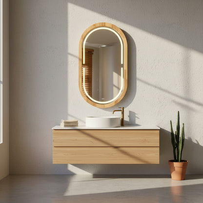 Handmade Beech Wood Framed LED Capsule Mirror Dimmable Lighted Wall Mirror