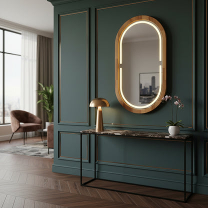 Handmade Beech Wood Framed LED Capsule Mirror Dimmable Lighted Wall Mirror