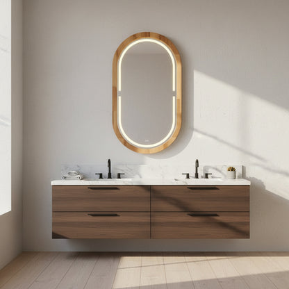Handmade Beech Wood Framed LED Capsule Mirror Dimmable Lighted Wall Mirror