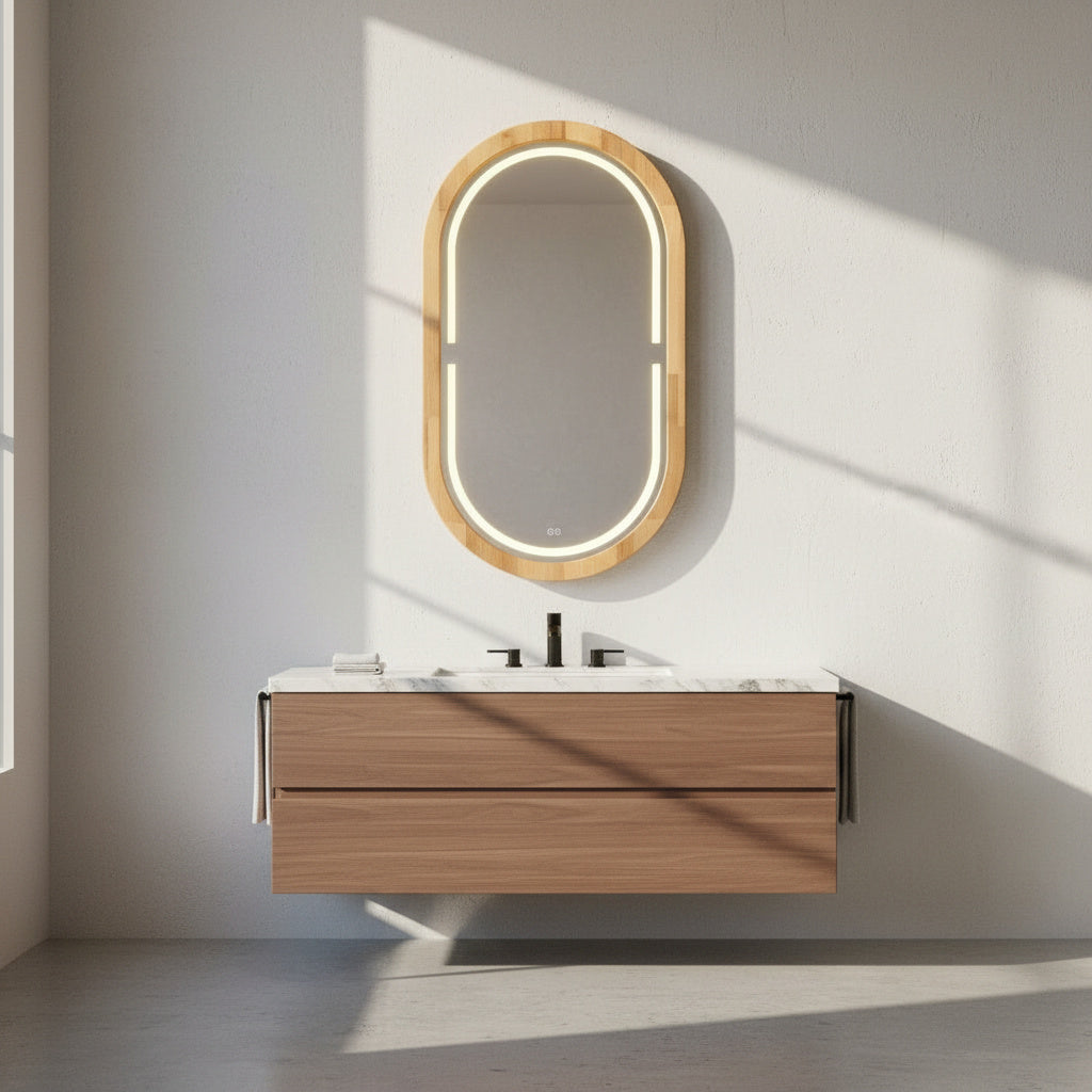 Handmade Beech Wood Framed LED Capsule Mirror Dimmable Lighted Wall Mirror