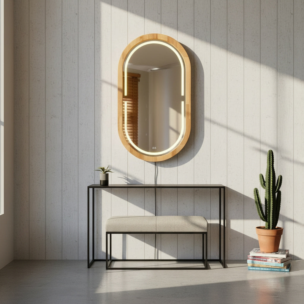 Handmade Beech Wood Framed LED Capsule Mirror Dimmable Lighted Wall Mirror