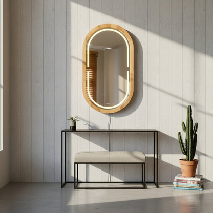 Handmade Beech Wood Framed LED Capsule Mirror Dimmable Lighted Wall Mirror