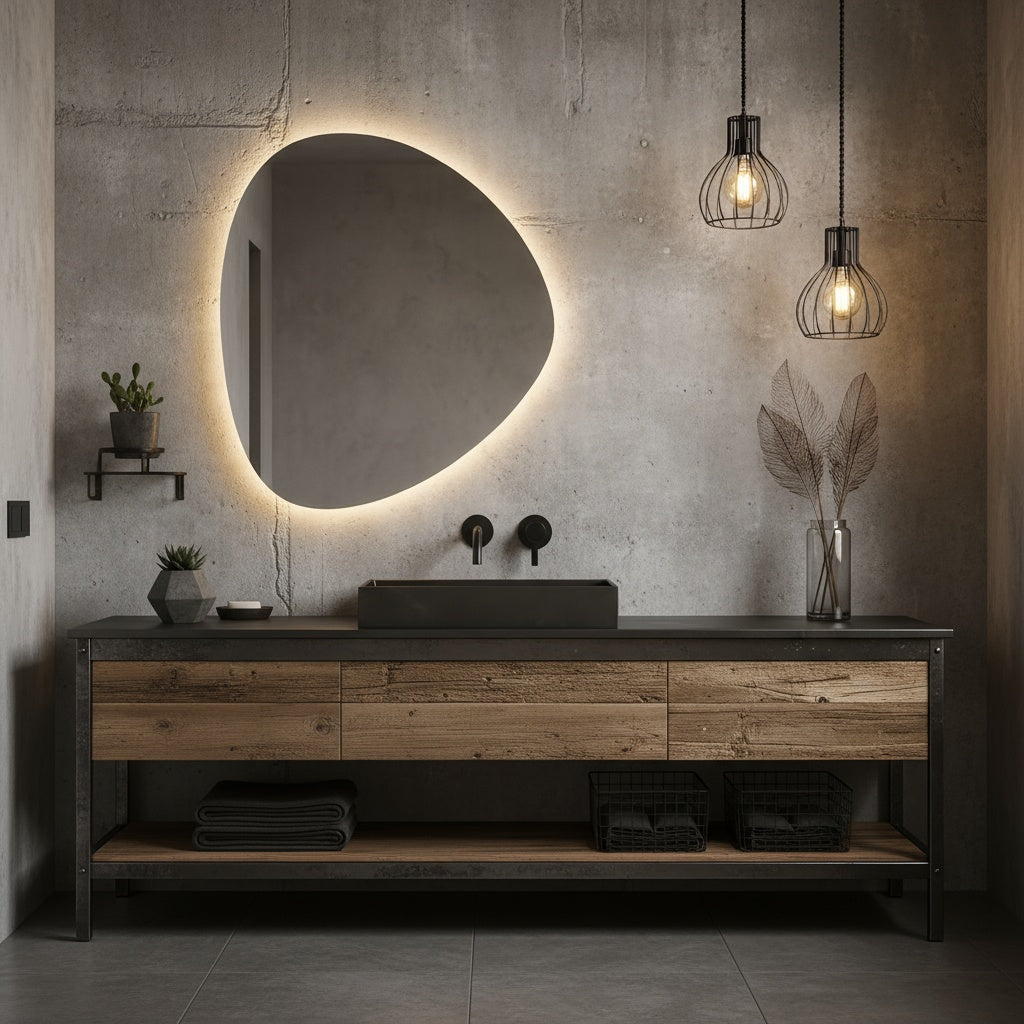 Modern LED Bathroom Mirror – Organic Asymmetrical Backlit Wall Mirror with Warm & Cool Light