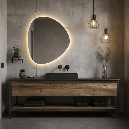 Modern LED Bathroom Mirror – Organic Asymmetrical Backlit Wall Mirror with Warm & Cool Light