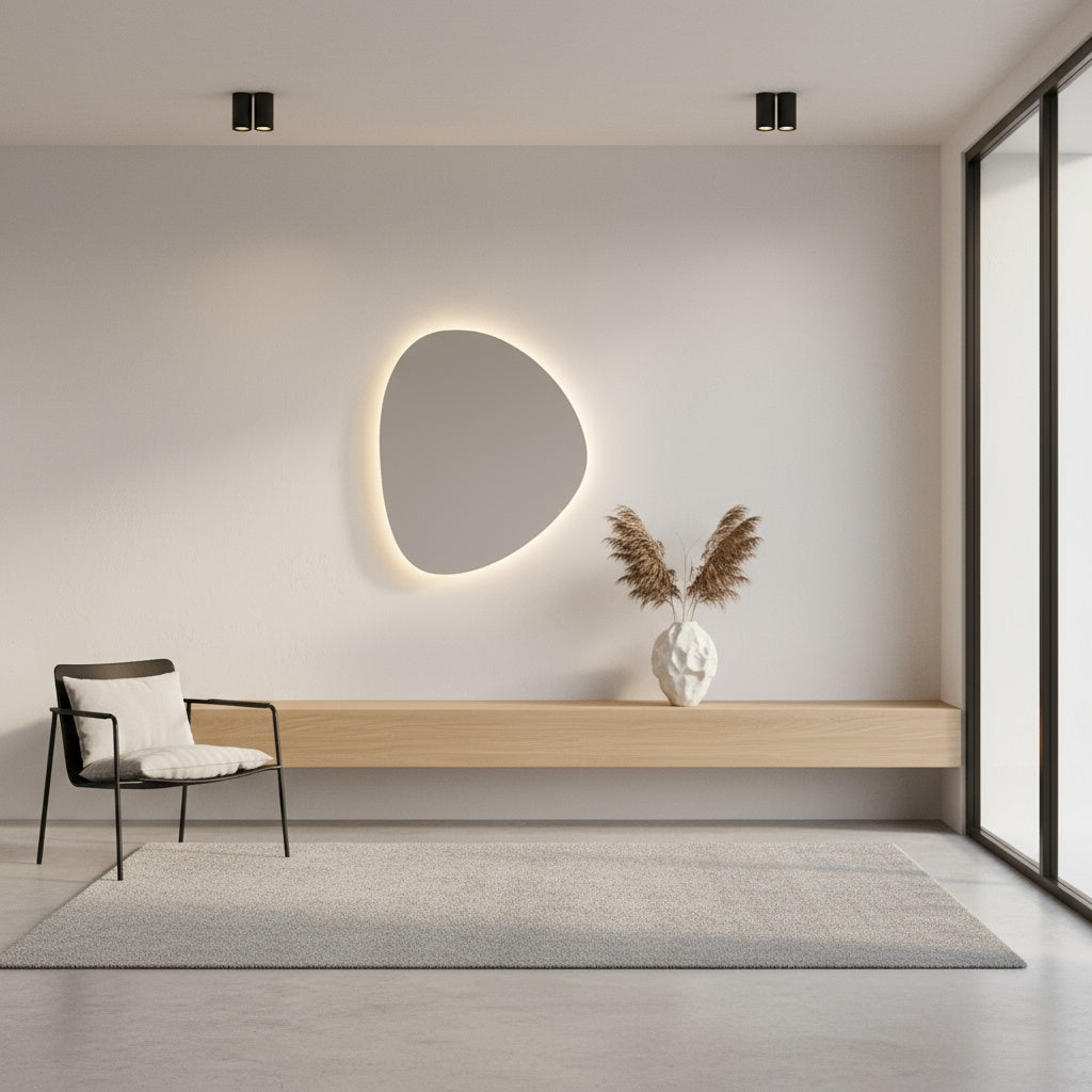 Modern LED Bathroom Mirror – Organic Asymmetrical Backlit Wall Mirror with Warm & Cool Light