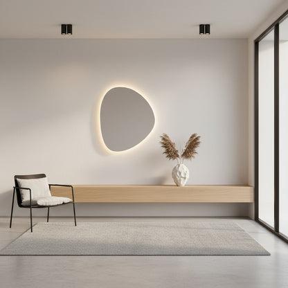 Modern LED Bathroom Mirror – Organic Asymmetrical Backlit Wall Mirror with Warm & Cool Light