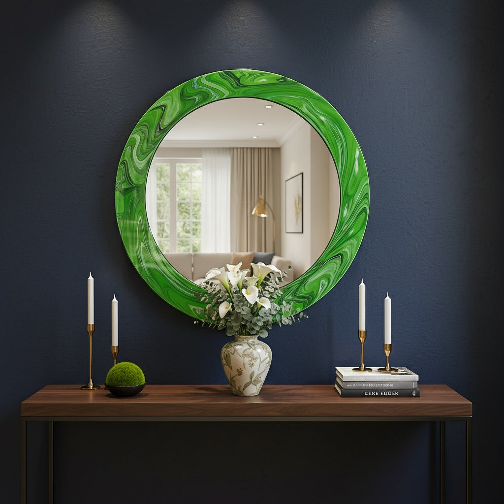 Modern Tempered Glass Wall Mirror – Round Decorative Mirror with Custom Frame Design