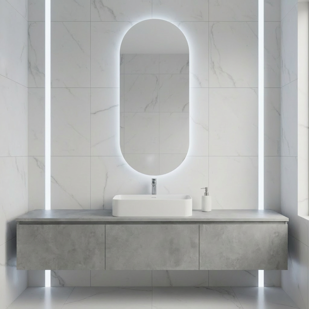 Arched LED Bathroom Mirror – Modern Backlit Vanity Wall Mirror with Touch Sensor, Minimalist Japandi Lighted Mirror