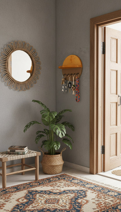 Modern Wall Key Holder with Shelf – Minimalist Wooden Entryway Organizer with Hooks | Handmade Home Décor