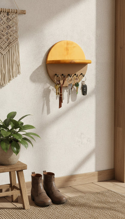 Modern Wall Key Holder with Shelf – Minimalist Wooden Entryway Organizer with Hooks | Handmade Home Décor