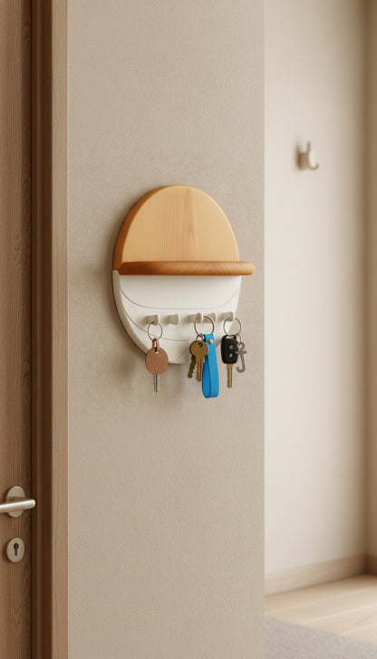 Modern Wall Key Holder with Shelf – Minimalist Wooden Entryway Organizer with Hooks | Handmade Home Décor