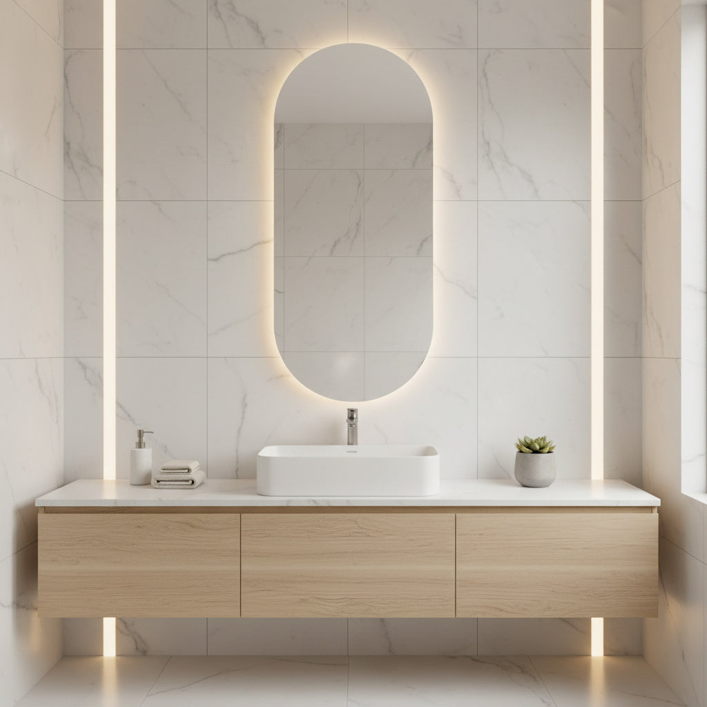 Arched LED Bathroom Mirror – Modern Backlit Vanity Wall Mirror with Touch Sensor, Minimalist Japandi Lighted Mirror