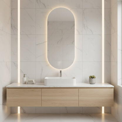Arched LED Bathroom Mirror – Modern Backlit Vanity Wall Mirror with Touch Sensor, Minimalist Japandi Lighted Mirror