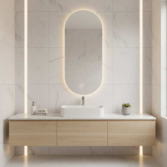 Arched LED Bathroom Mirror – Modern Backlit Vanity Wall Mirror with Touch Sensor, Minimalist Japandi Lighted Mirror