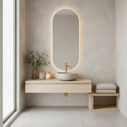 Arched LED Bathroom Mirror – Modern Backlit Vanity Wall Mirror with Touch Sensor, Minimalist Japandi Lighted Mirror