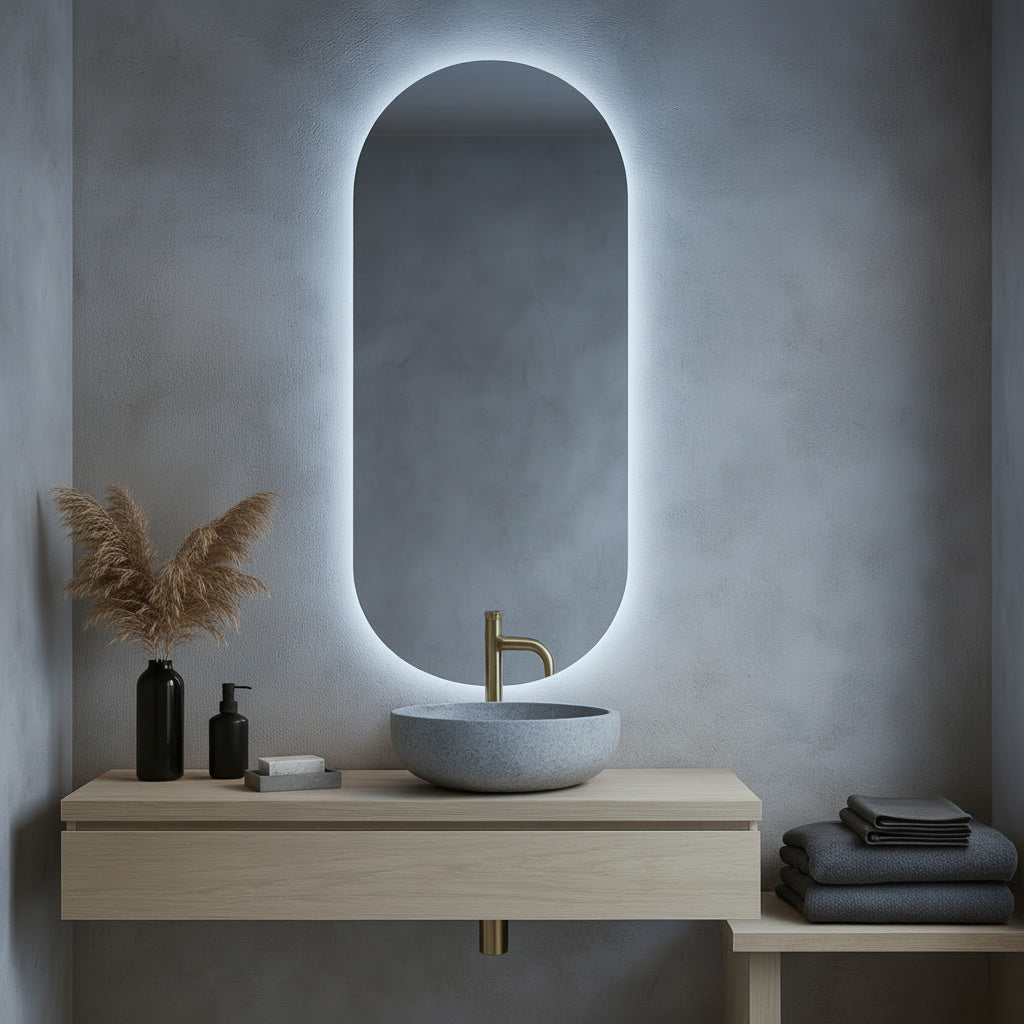 Arched LED Bathroom Mirror – Modern Backlit Vanity Wall Mirror with Touch Sensor, Minimalist Japandi Lighted Mirror
