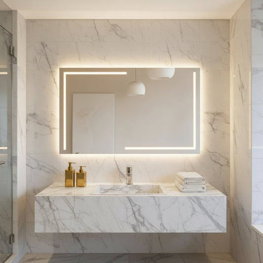 LED Bathroom Mirror – Luxury Geometric Lighted Vanity Mirror, Modern Backlit Wall Mirror with Artistic LED Lines