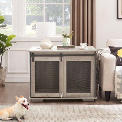Wooden Dog Crate Furniture with Barn Door - Farmhouse Dog Cage End Table with Storage - Aypars Atelier