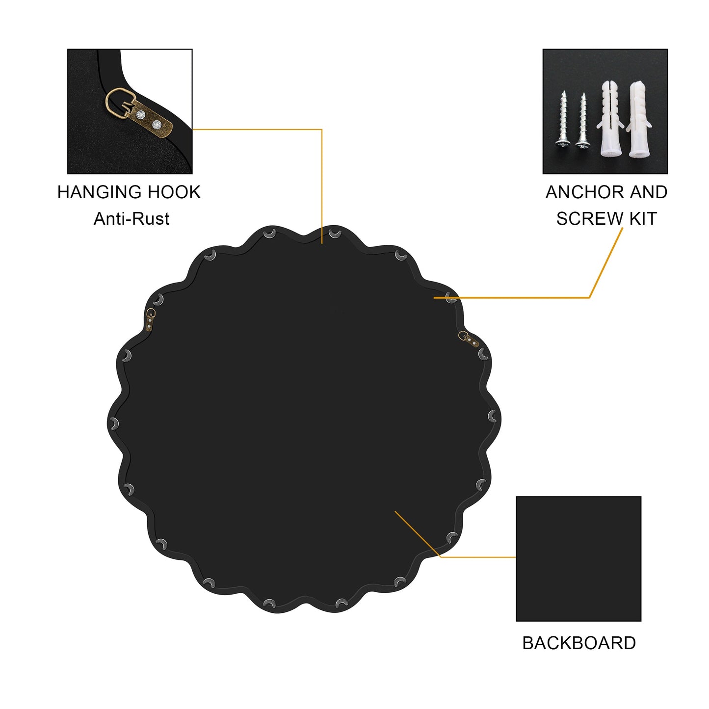 Black Wavy Wood Mirror - Solid Wood Frame Wall Mirror