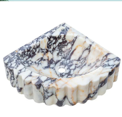 Marble Sink – Calacatta Viola Corner Wall-Mount Ribbed Vanity Sink | Luxury Natural Stone Basin 20"x20"x7"