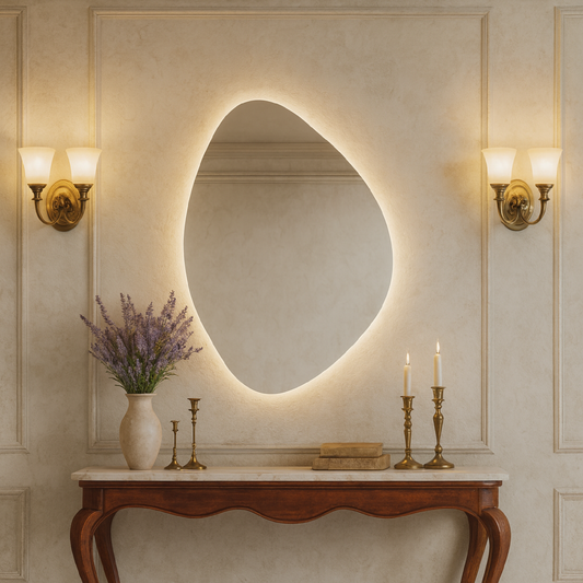 LED Bathroom Mirror – Asymmetrical Backlit Wall Mirror with Touch Control, Modern Lighted Vanity Mirror Warm & Cool LED