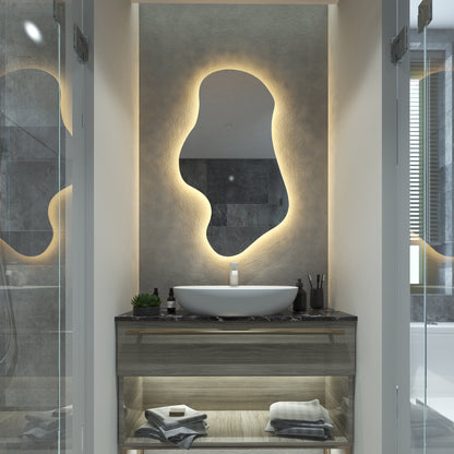 LED Bathroom Mirror Asymmetrical Shape – Modern Organic Backlit Wall Mirror with Warm & Cool Light