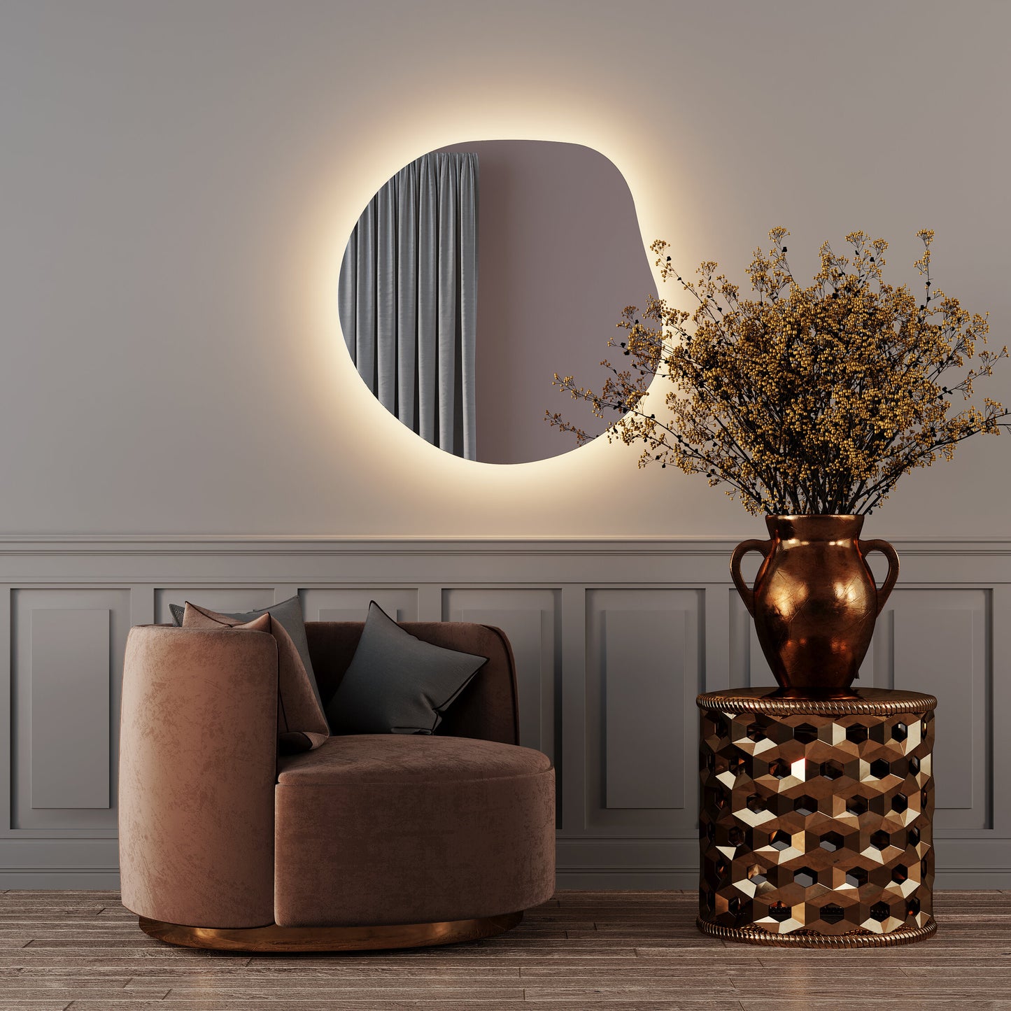 LED Bathroom Mirror Irregular Shape – Modern Asymmetrical Backlit Wall Mirror | Dimmable Warm & Cool Light (3000K–6500K)