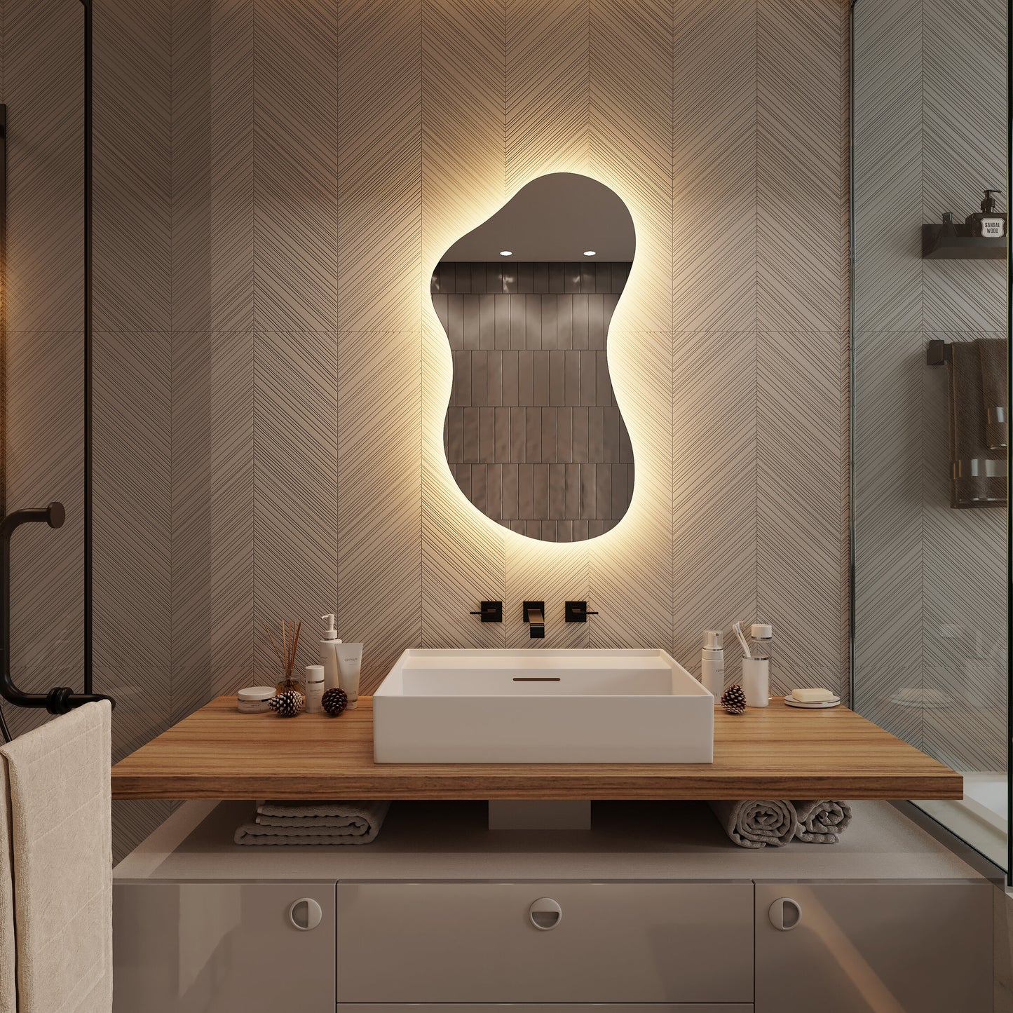LED Bathroom Mirror Asymmetrical Shape – Modern Backlit Vanity Wall Mirror
