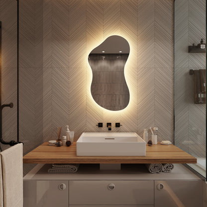 LED Bathroom Mirror Asymmetrical Shape – Modern Backlit Vanity Wall Mirror