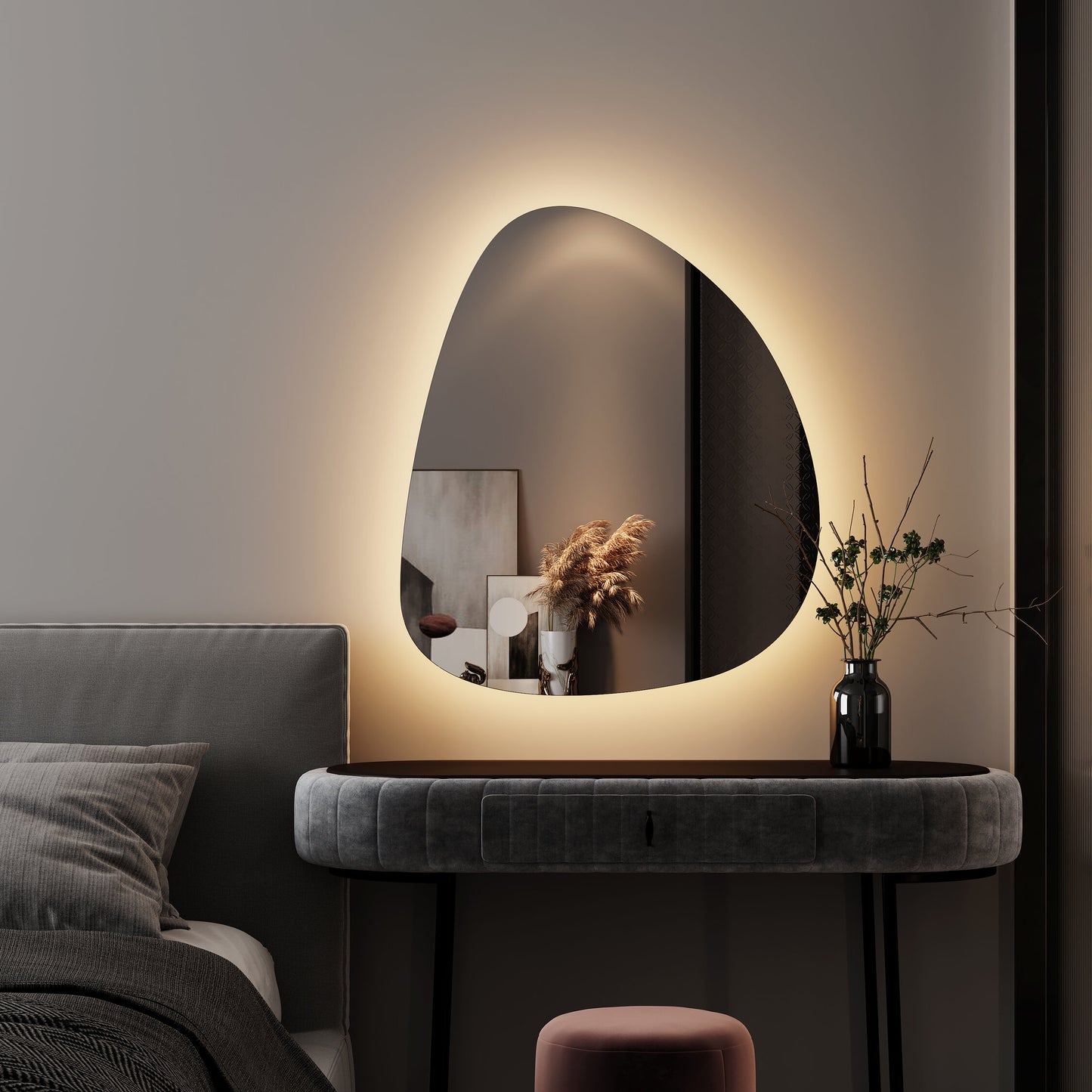 LED Bathroom Mirror Modern Backlit Design – Asymmetrical Organic Shape Wall Mirror