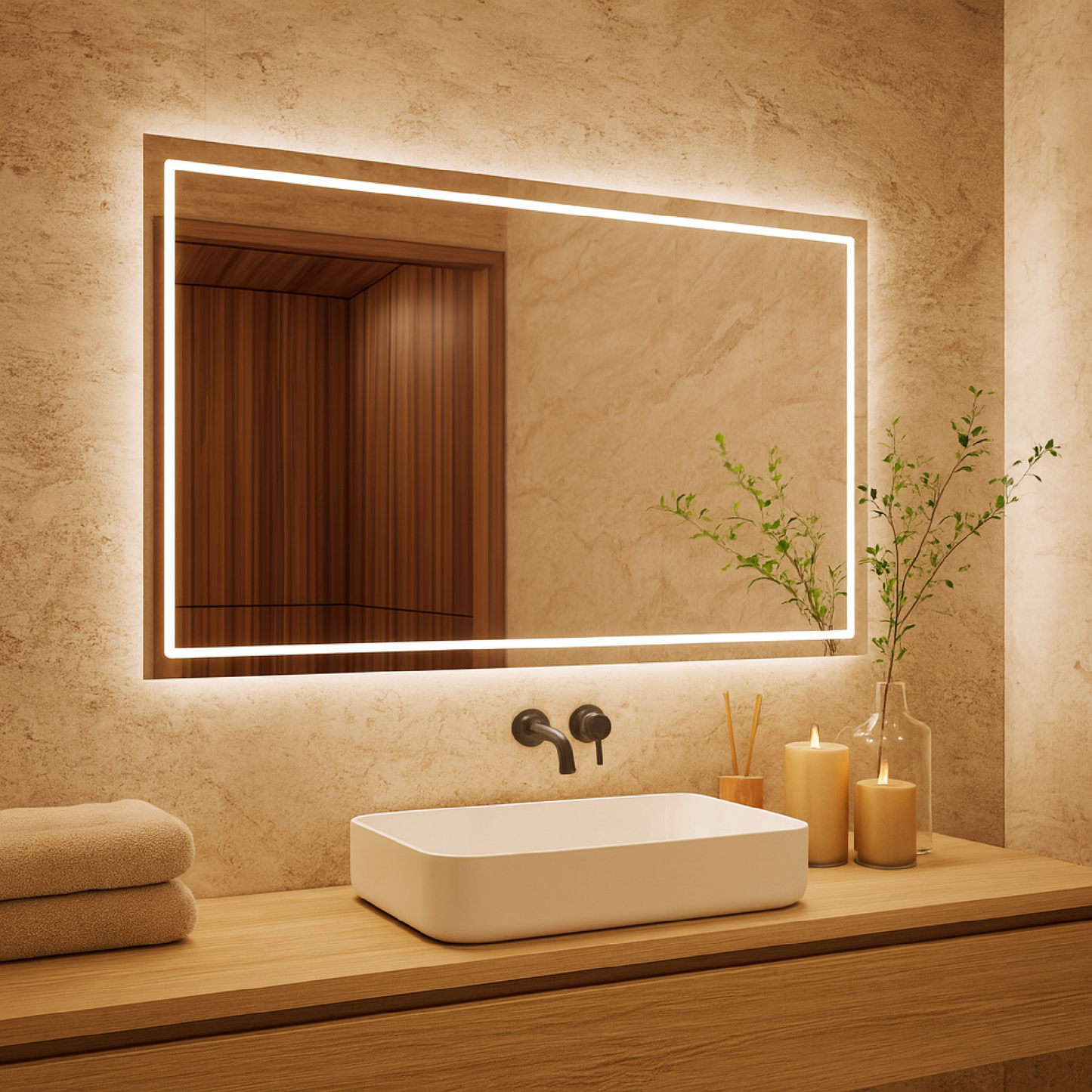 LED Bathroom Mirror – Rectangular Backlit Vanity Mirror, Modern Lighted Wall Mirror with Warm & Cold LED
