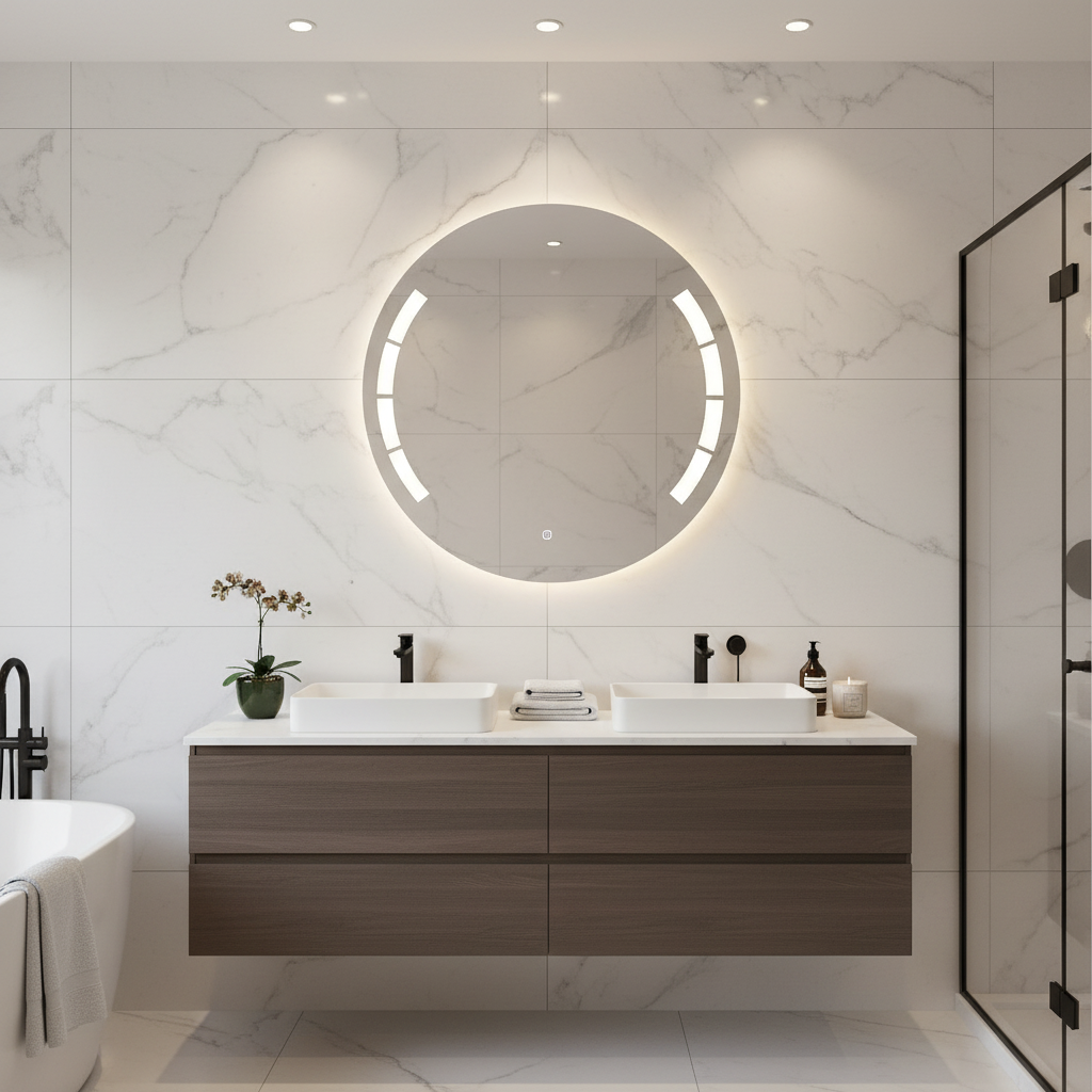 LED Bathroom Mirror – Designer Round Backlit Vanity Mirror, Modern Lighted Wall Mirror