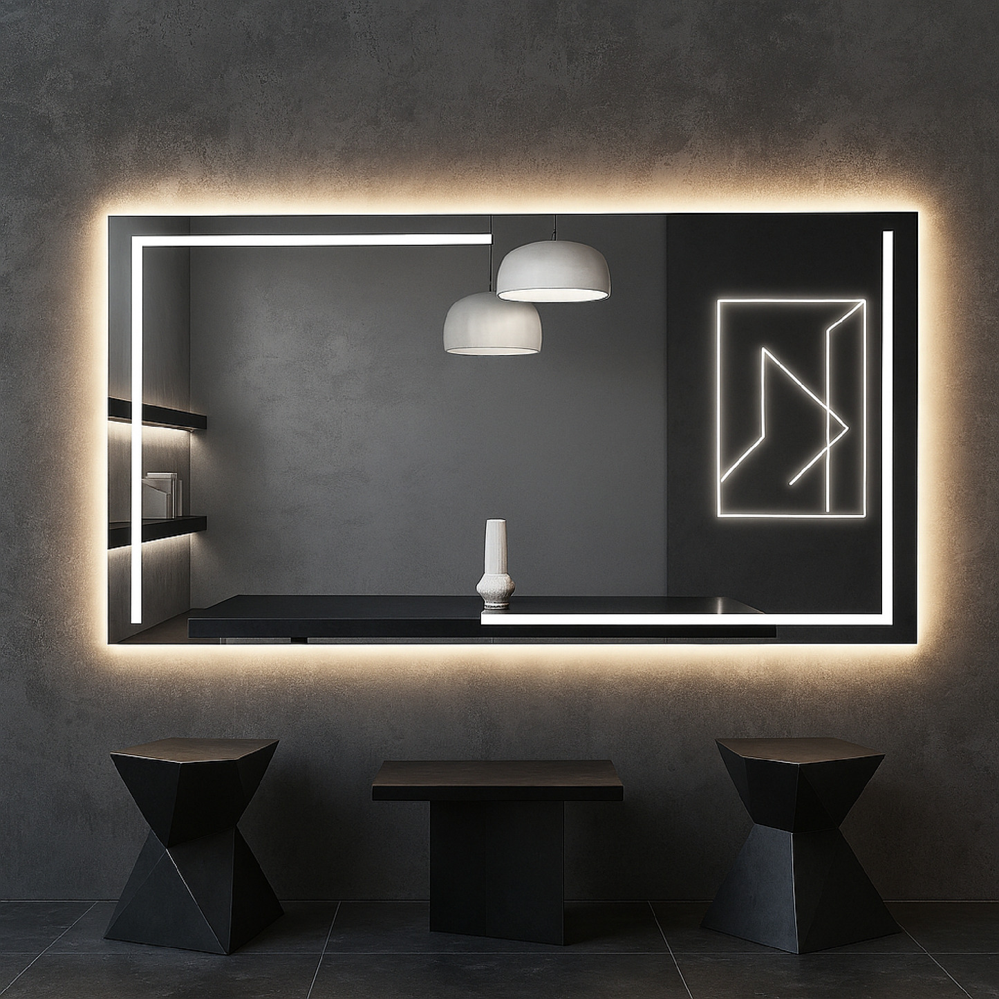 LED Bathroom Mirror – Luxury Geometric Lighted Vanity Mirror, Modern Backlit Wall Mirror with Artistic LED Lines