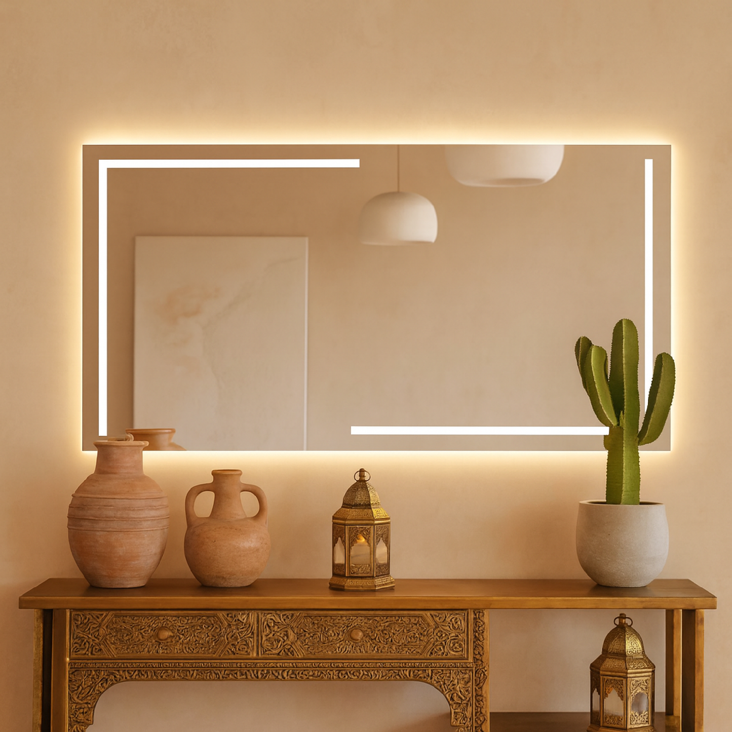 LED Bathroom Mirror – Luxury Geometric Lighted Vanity Mirror, Modern Backlit Wall Mirror with Artistic LED Lines