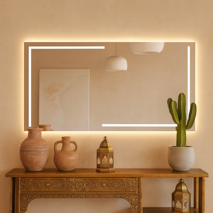 LED Bathroom Mirror – Luxury Geometric Lighted Vanity Mirror, Modern Backlit Wall Mirror with Artistic LED Lines