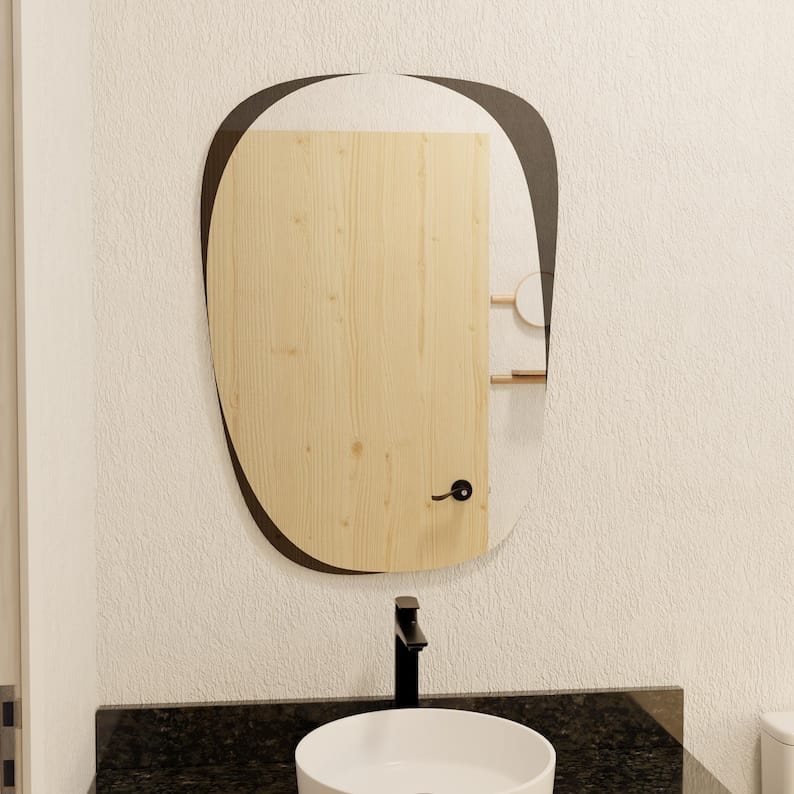 Organic Irregular Wall Mirror – Modern Abstract Design with Wooden Edge