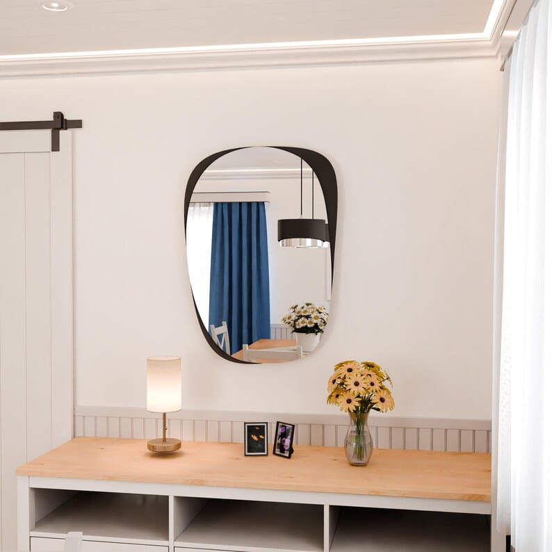 Organic Irregular Wall Mirror – Modern Abstract Design with Wooden Edge