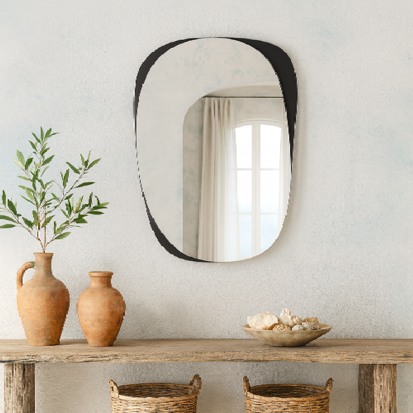Organic Irregular Wall Mirror – Modern Abstract Design with Wooden Edge
