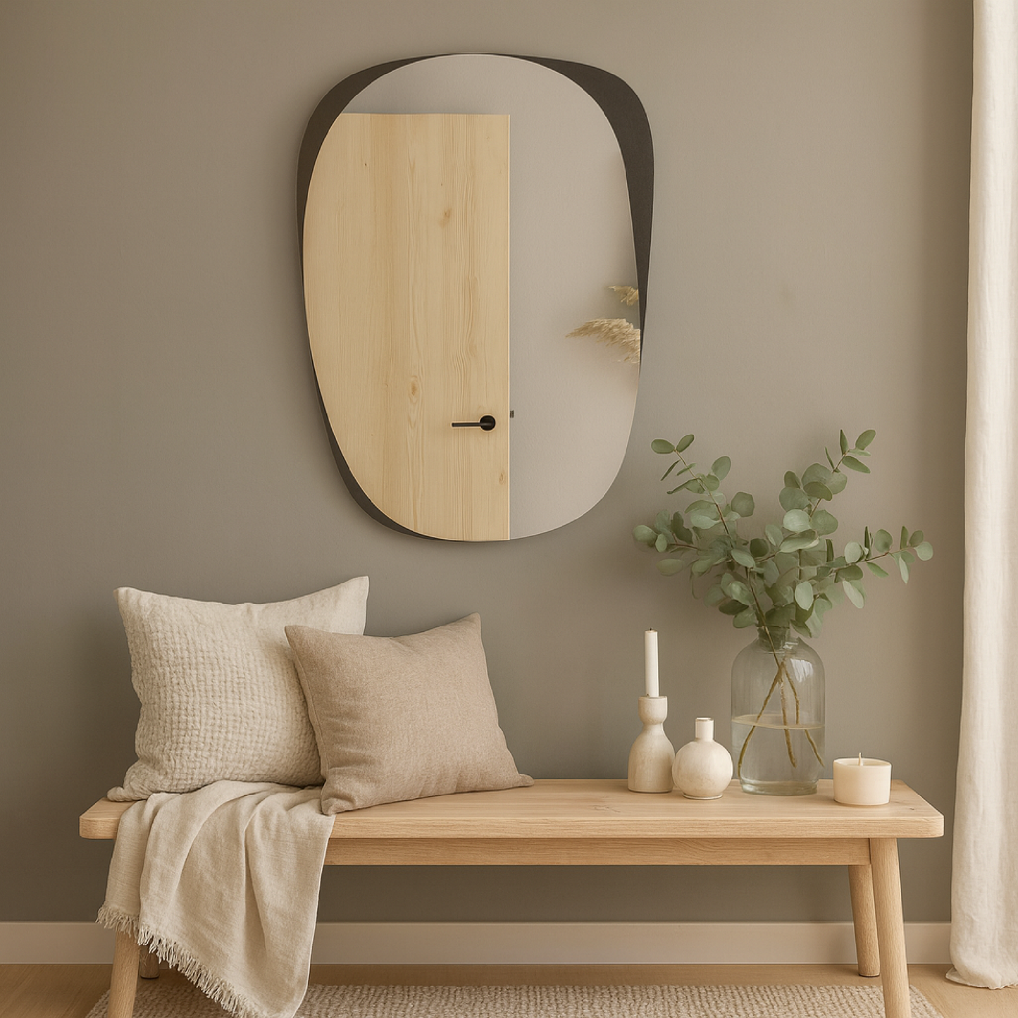 Organic Irregular Wall Mirror – Modern Abstract Design with Wooden Edge