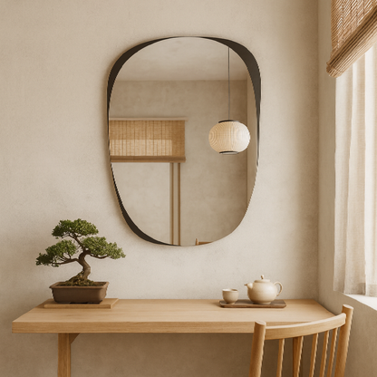 Organic Irregular Wall Mirror – Modern Abstract Design with Wooden Edge
