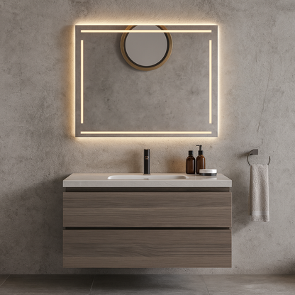 LED Bathroom Mirror – Modern Rectangular Lighted Vanity Mirror with Frame Lines, Backlit Wall Mirror