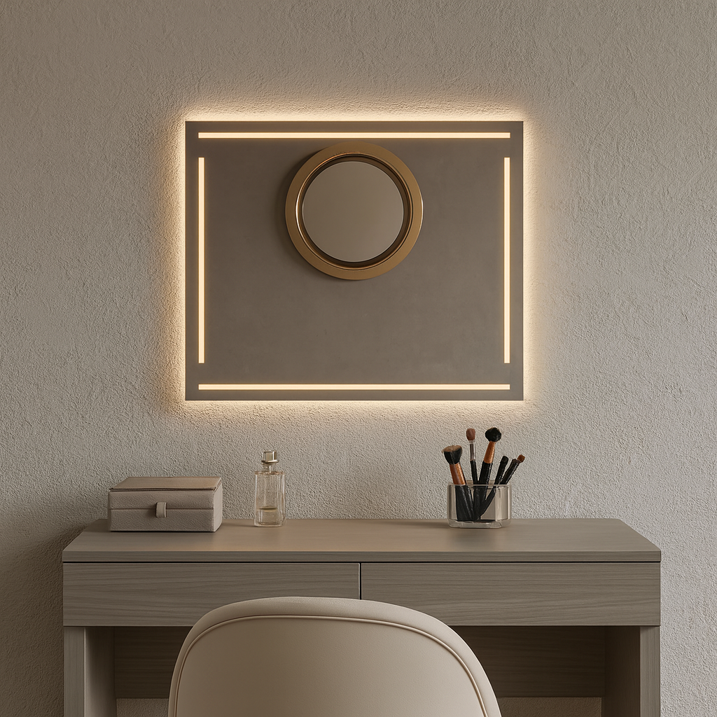 LED Bathroom Mirror – Modern Rectangular Lighted Vanity Mirror with Frame Lines, Backlit Wall Mirror