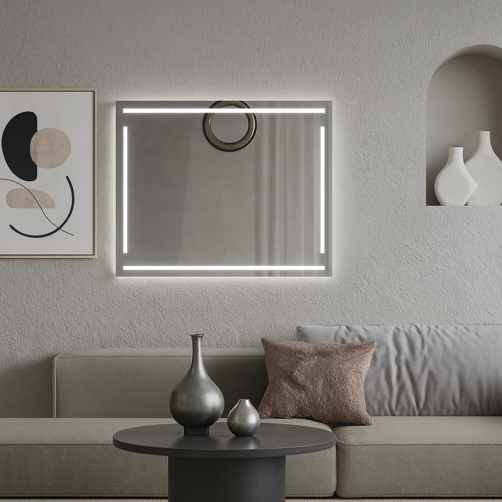 LED Bathroom Mirror – Modern Rectangular Lighted Vanity Mirror with Frame Lines, Backlit Wall Mirror