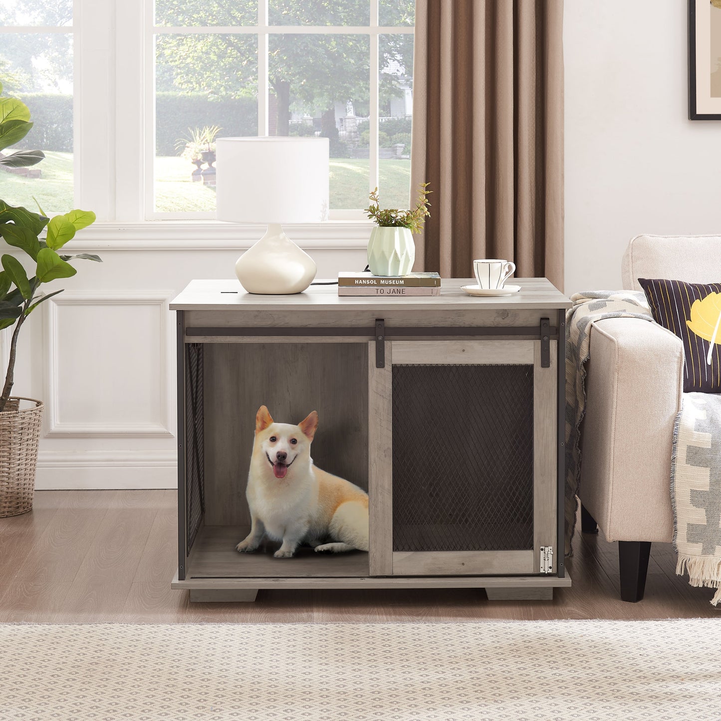 Wooden Dog Crate Furniture with Barn Door - Farmhouse Dog Cage End Table with Storage - Aypars Atelier