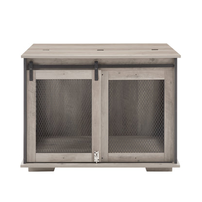 Wooden Dog Crate Furniture with Barn Door - Farmhouse Dog Cage End Table with Storage - Aypars Atelier